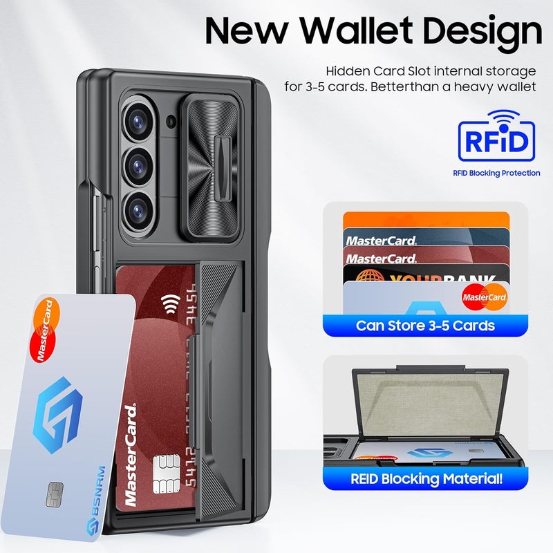 BSNRM for Samsung Galaxy Z Fold 6 Case with Card Holder RFID Blocking & S Pen Holder & Slide Camera Cover& Hinge Protection & Privacy Screen Protector, Shockproof Wallet Case for Galaxy Z fold 6,Black - Image 3